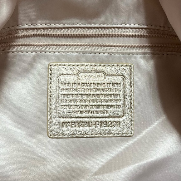 Coach Monogram Penelope Handbag Satchel Gold Leather Ivory Linen Signature C - Picture 12 of 16